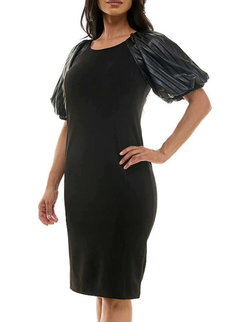 Nina Leonard Black Midi Dress‎ with Puff Sleeves